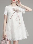 Shein White Contrast Organza Embroidered Lace Dress