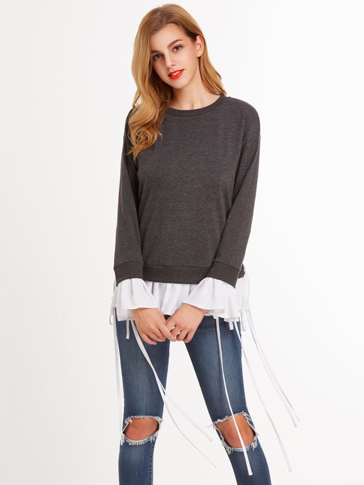 Shein Heather Grey Contrast Pleated Ruffle Trim Sweatshirt