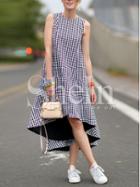 Shein Black White Sleeveless Houndstooth High Low Dress