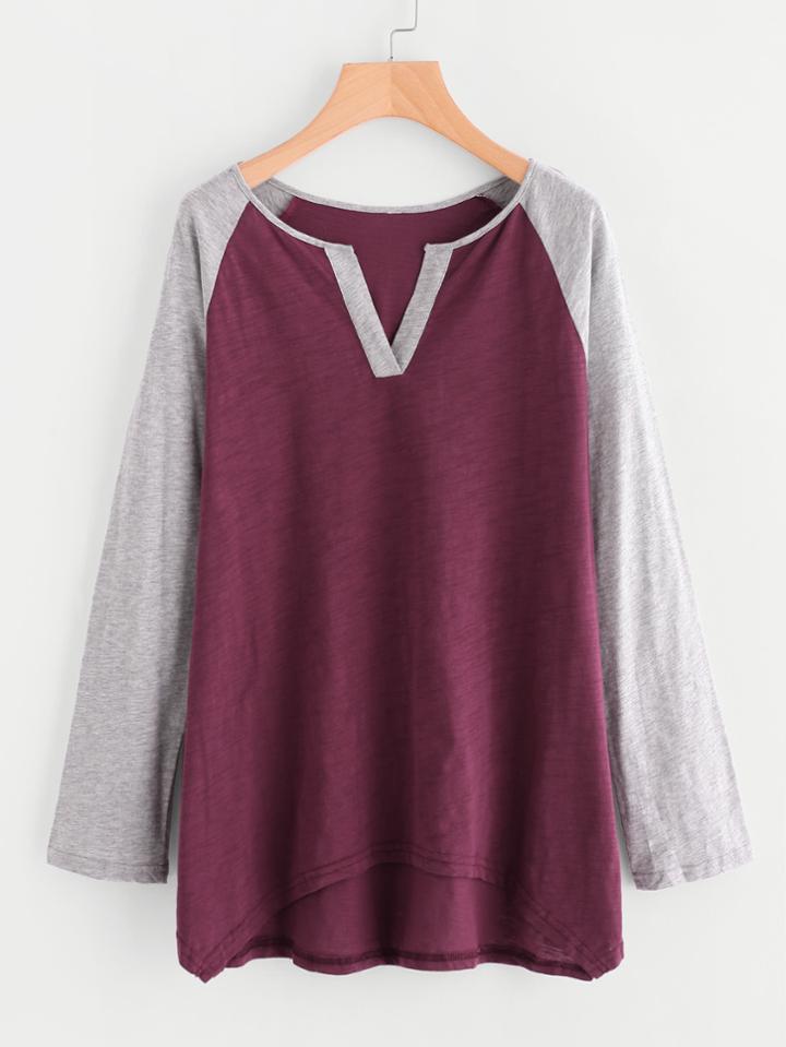 Shein Contrast V Notch And Raglan Sleeve Slub T-shirt