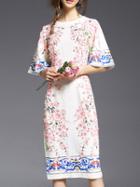 Shein White Bell Sleeve Jacquard Flowers Shift Dress