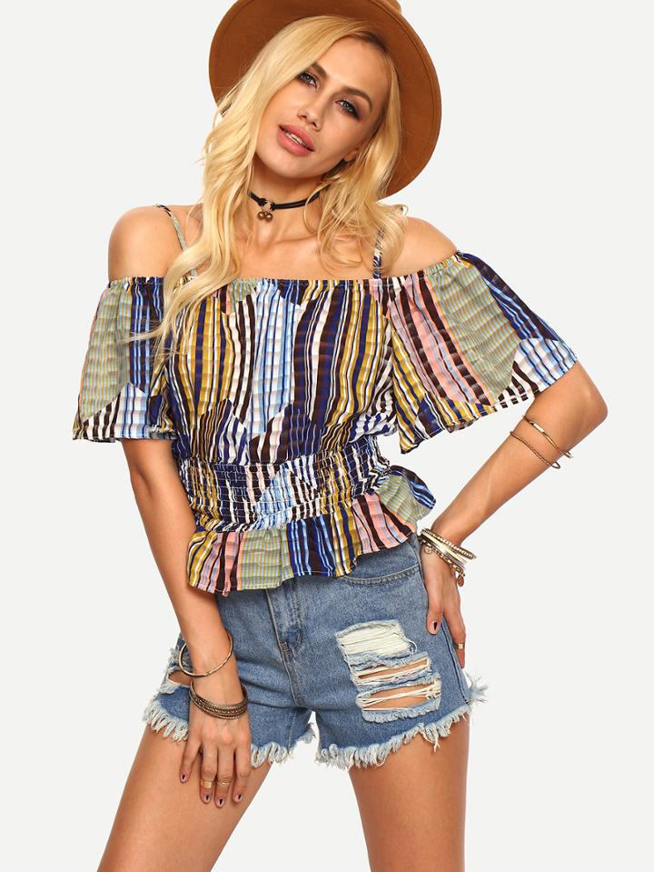 Shein Multicolor Cold Shoulder Shirred Peplum Top