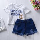 Shein Girls Letter Print Tee With Destroyed Denim Shorts