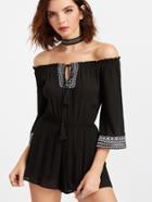 Shein Black Embroidered Off The Shoulder Tassel Tie Romper