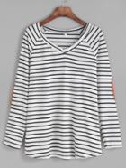 Shein Contrast Striped V Neck Elbow Patch T-shirt