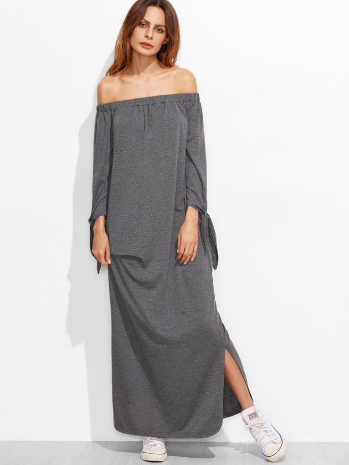 Shein Off Shoulder Tie Sleeve Side Slit Dress