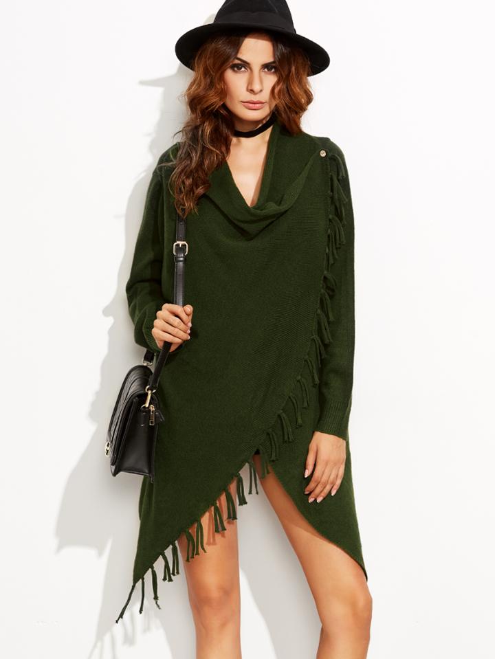 Shein Green Fringe Trim Drape Collar Wrap Sweater Coat
