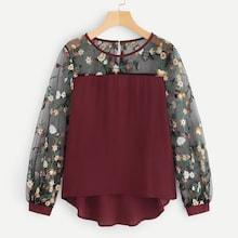 Shein Contrast Mesh Floral Embroidery Blouse