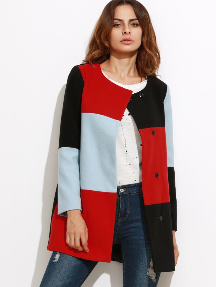 Shein Color Block Collarless Hidden Button Coat