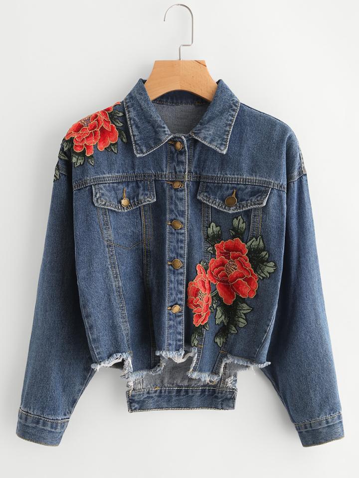 Shein Embroidered Appliques Raw Cut Hem Denim Jacket