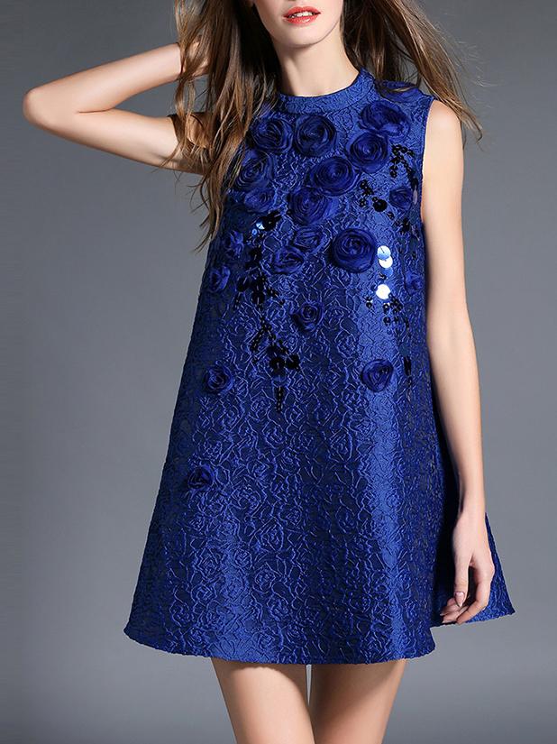 Shein Blue Jacquard Beading Sequined Shift Dress