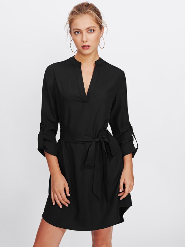 Shein V Neck Self Belted Curved Hem Dress