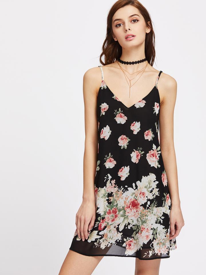 Shein Allover Rose Print Crisscross V Back Swing Cami Dress