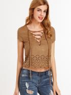 Shein Lace Up V Neck Scallop Laser Cutout Top