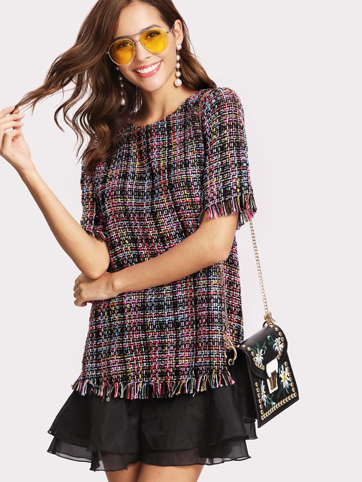 Shein Contrast Ruffled Layered Hem Fringe Detail Tweed Dress