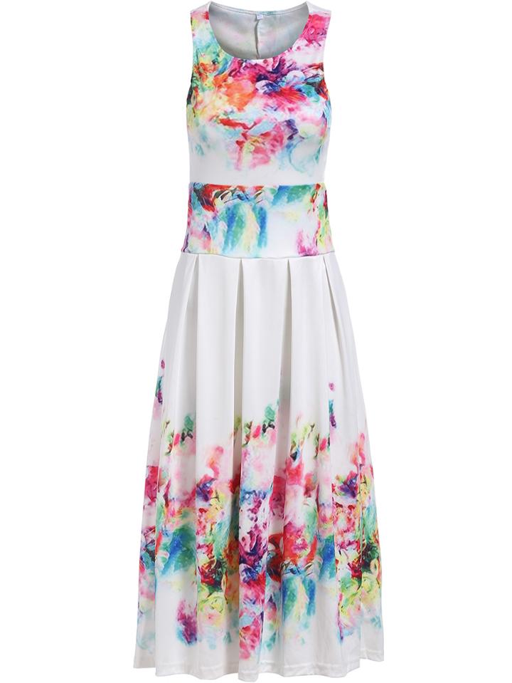 Shein Multicolor Sleeveless Backless Floral Pleated Dress