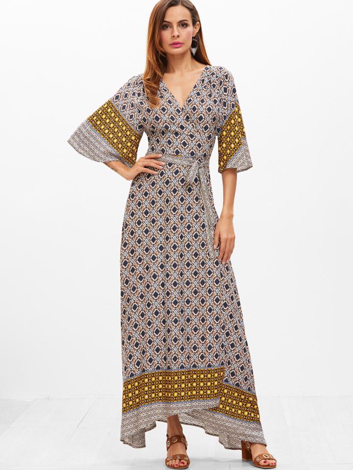 Shein Multicolor Geo Print Flutter Sleeve Surplice Wrap Dress