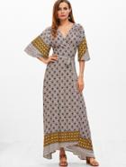 Shein Multicolor Geo Print Flutter Sleeve Surplice Wrap Dress