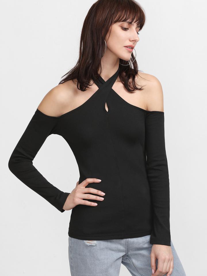 Shein Crossover Halter Neck Slim Fit T-shirt