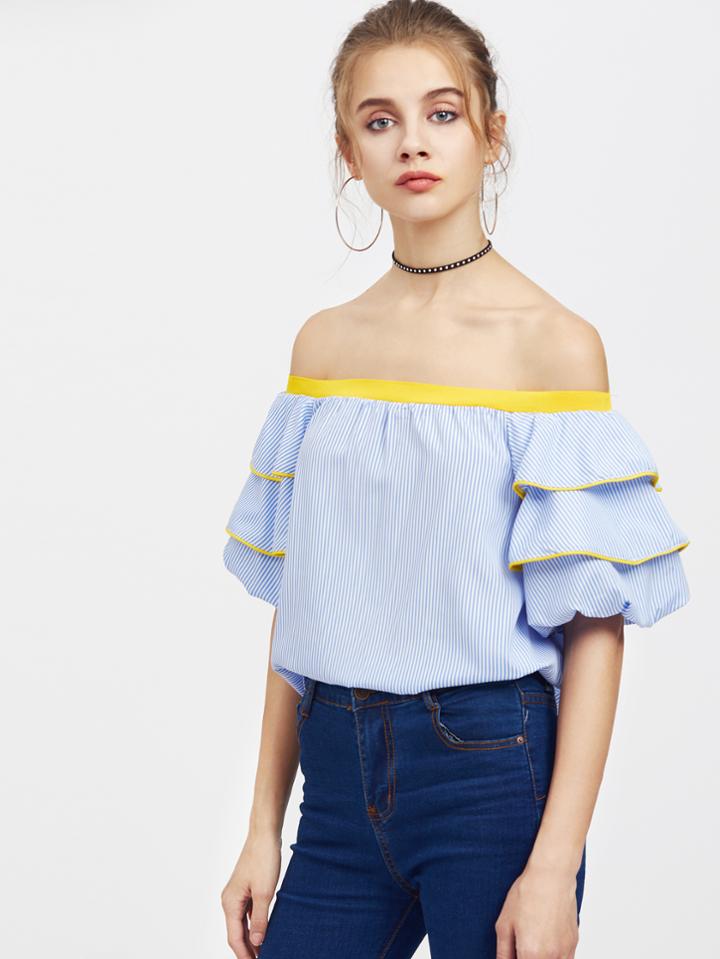 Shein Bardot Vertical Pinstripe Contrast Trim Tiered Cuff Top