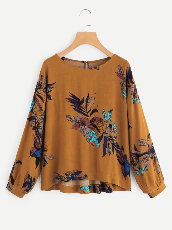 Shein Floral Print Keyhole Back Blouse