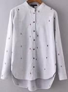 Shein Grey Stand Collar Drop Embroidered Dip Hem Blouse
