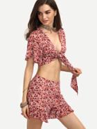 Shein Multicolor Print V Neck Crop Top With Shorts