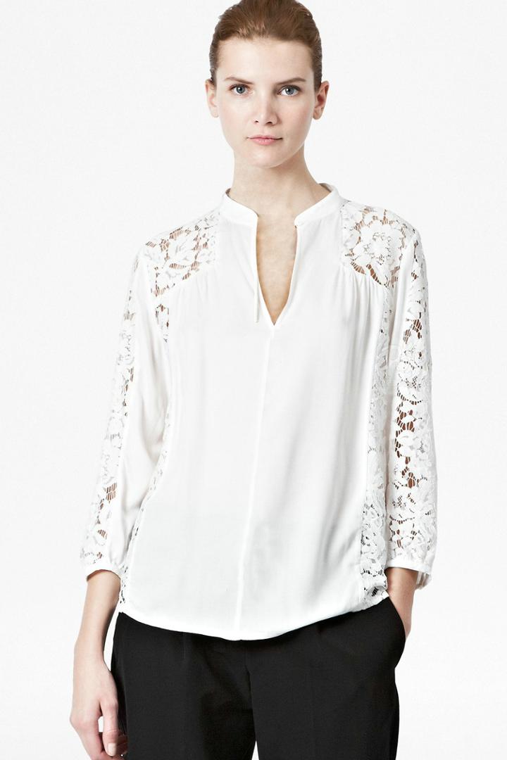 Shein White Contrast Lace Sleeve Blouse