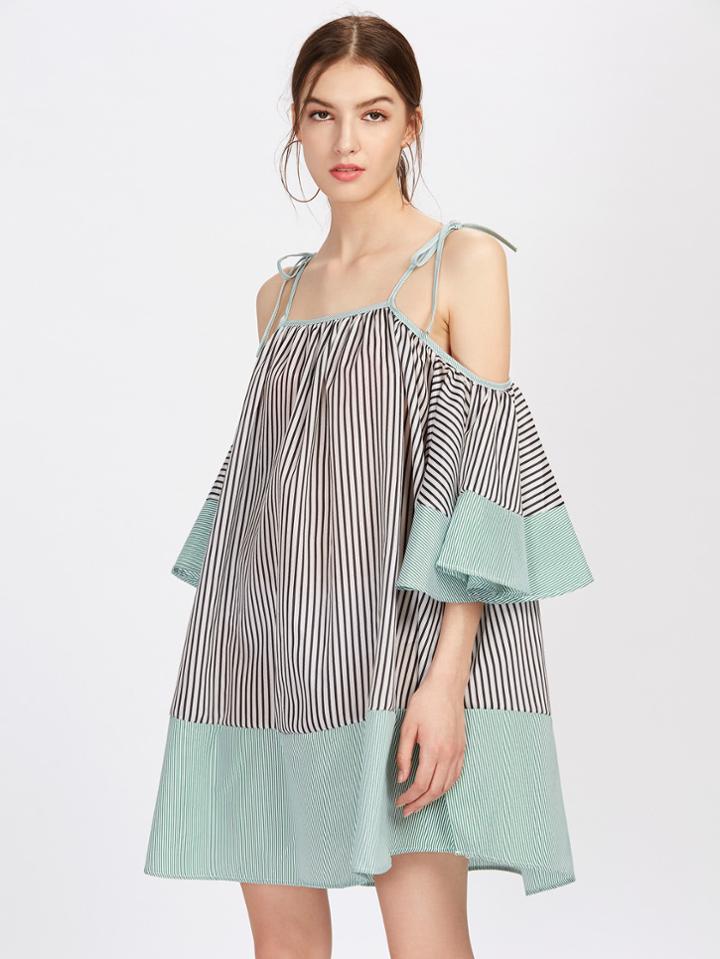 Shein Tie Shoulder Flute Sleeve Vertical Striped Dress
