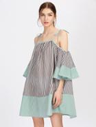 Shein Tie Shoulder Flute Sleeve Vertical Striped Dress