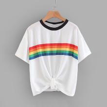 Shein Rainbow Stripe Panel Knot Hem Tee