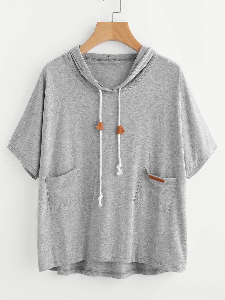 Shein Hooded Dip Hem Slub Tee With Dual Pocket