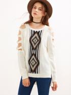 Shein White Geo Pattern Ladder Cutout High Low Sweater