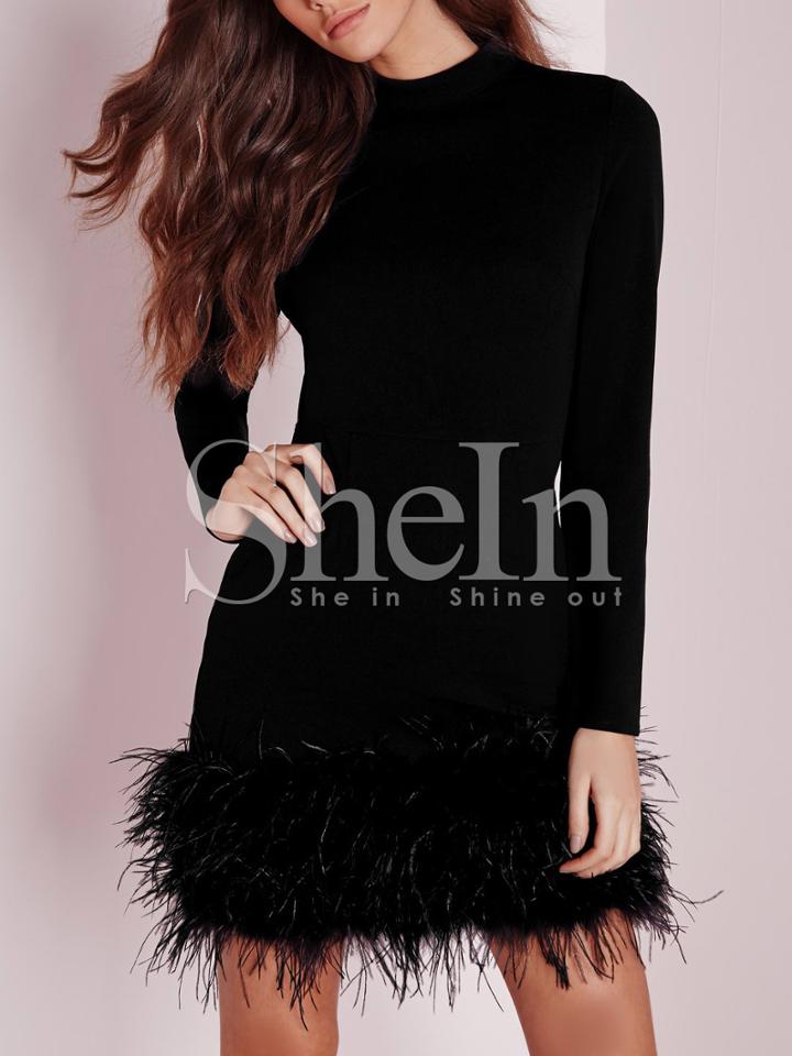 Shein Black Mock Neck Feather Hem Tight Dress