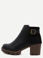 Shein Black Faux Leather Distressed Buckle Strap Ankle Tassel Boots