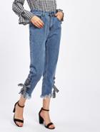 Shein Eyelet Lace Up Gingham Tie Raw Hem Jeans