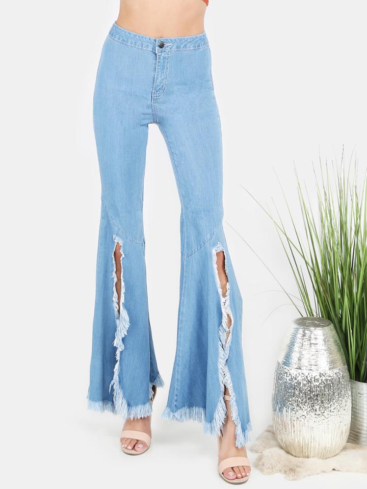 Shein High Waisted Light Washed Torn Flared Pants Denim
