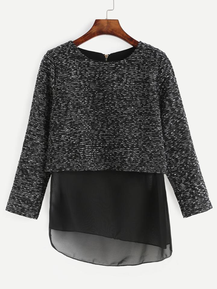 Shein Black Mesh Insert Asymmetric Zipper Blouse
