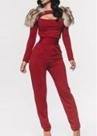 Rosewe Faux Fur Design Long Sleeve Hollowed Jumpsuit