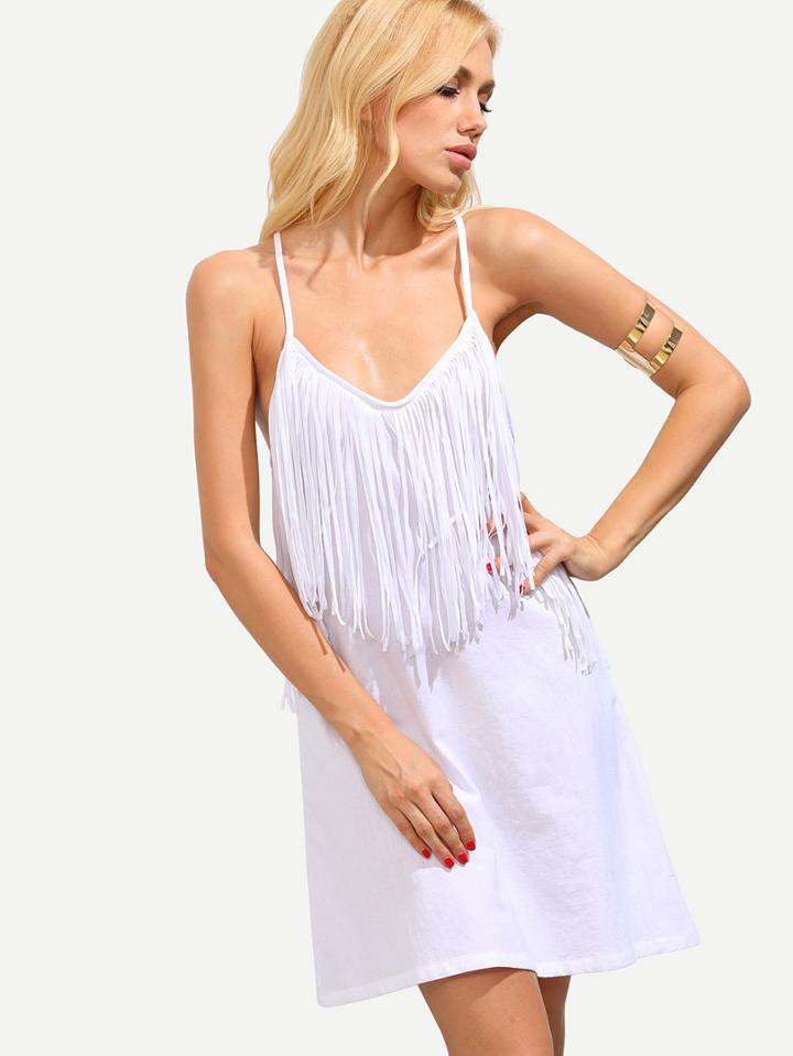 Shein White Fringe Chiffon Cami Dress