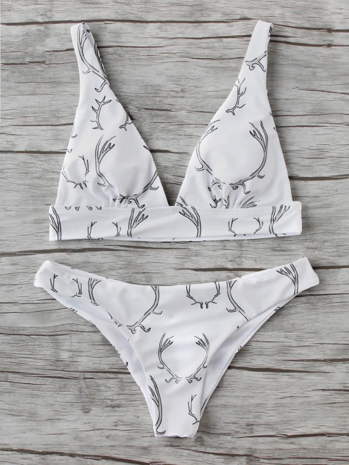 Shein Graphic Print Plunge Neckline Bikini Set