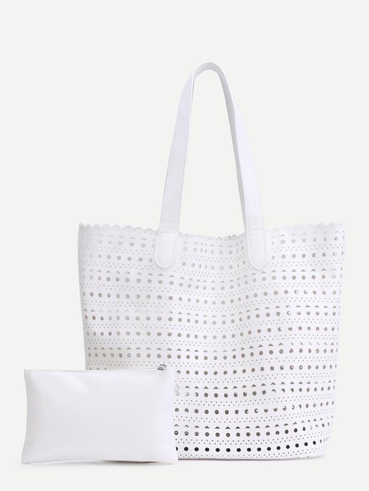 Shein White Pu Hollow Out Tote Bag With Clutch