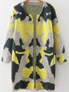 Shein Yellow Camouflage Pattern Long Cardigan With Pockets