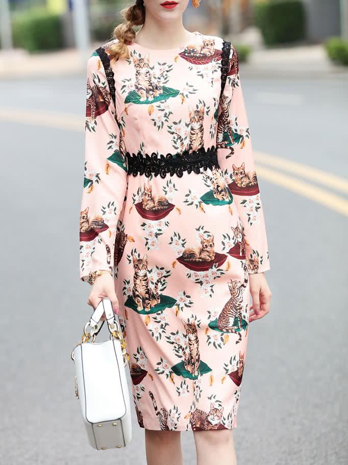 Shein Cats Print Contrast Crochet Sheath Dress