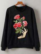 Shein Black Crew Neck Embroidered Sweatshirt