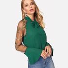 Shein Embroidered Mesh Flounce Sleeve Tie Neck Blouse