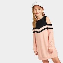 Shein Girls Cold Shoulder Chevron Striped Dress