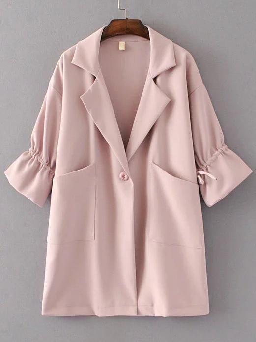 Shein Pink Drawstring Sleeve Lapel Coat With Pocket