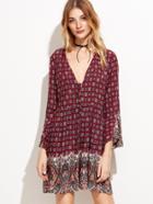 Shein Burgundy Tribal Print Tie Detail Shift Dress