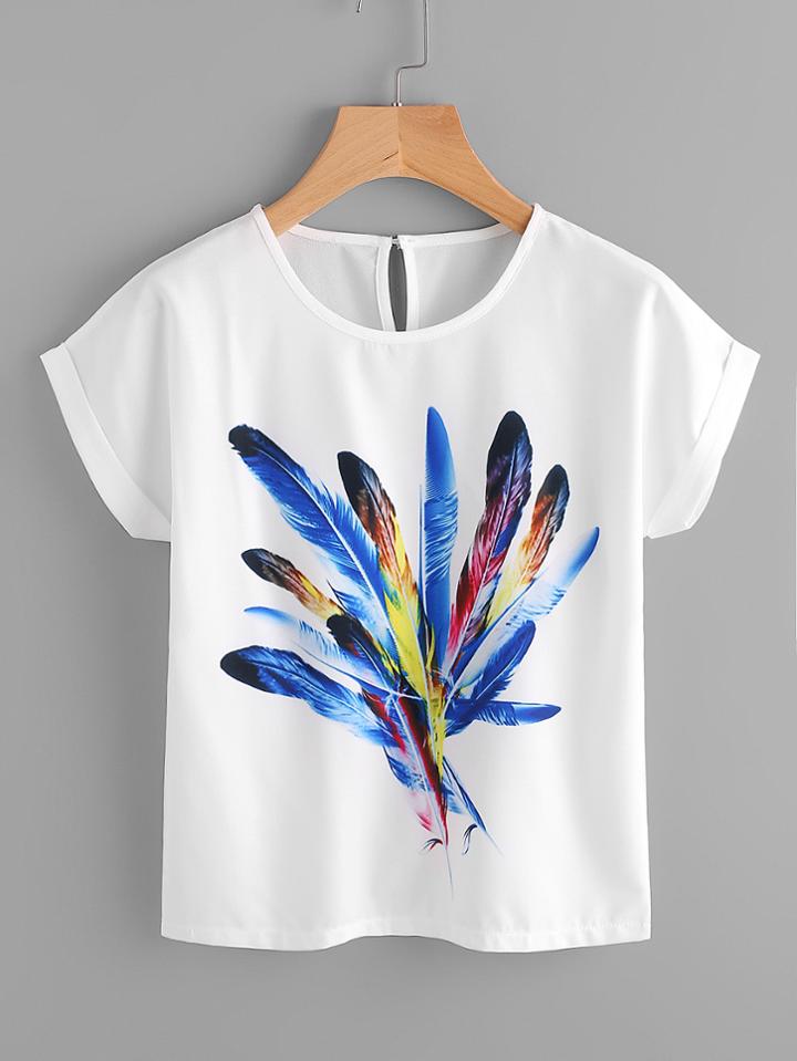Shein Feather Print Keyhole Back Cuffed Blouse